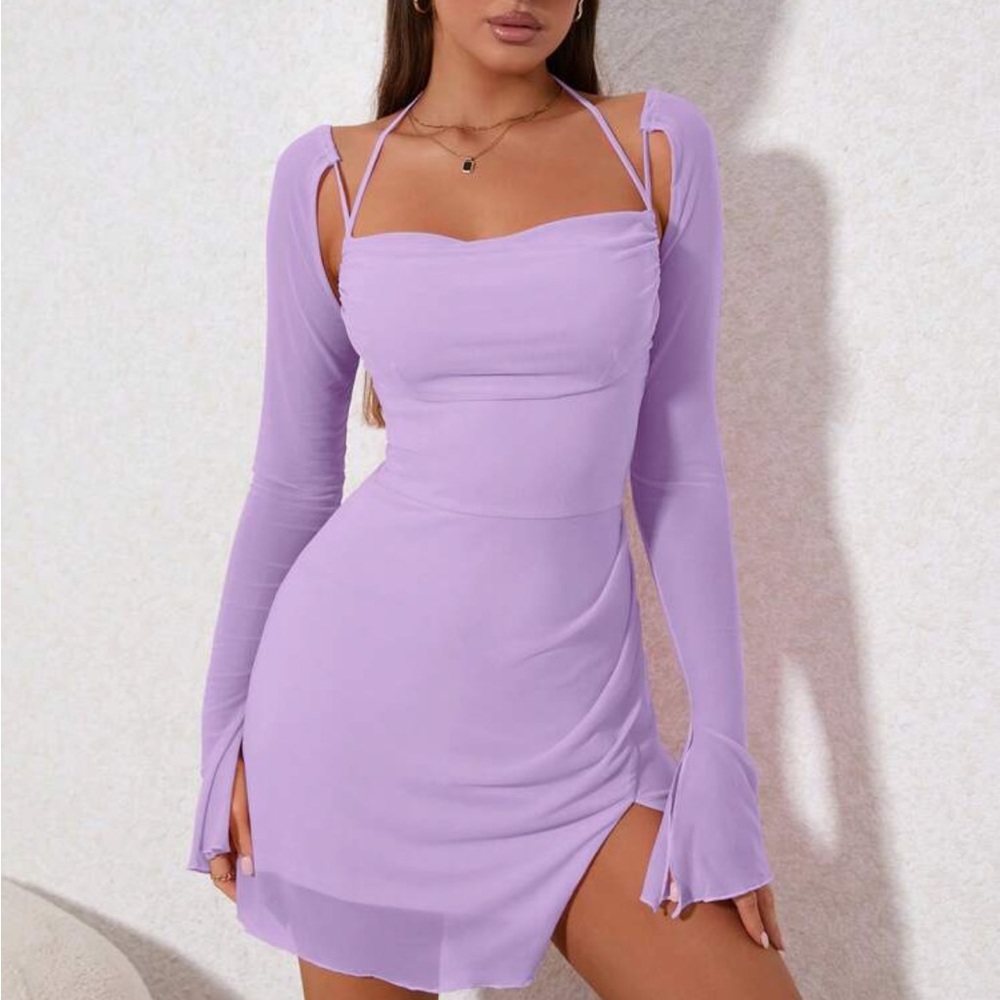 PARTHEA Draped Front Flounce Sleeve Ruched Side Split Hem Mesh Dress